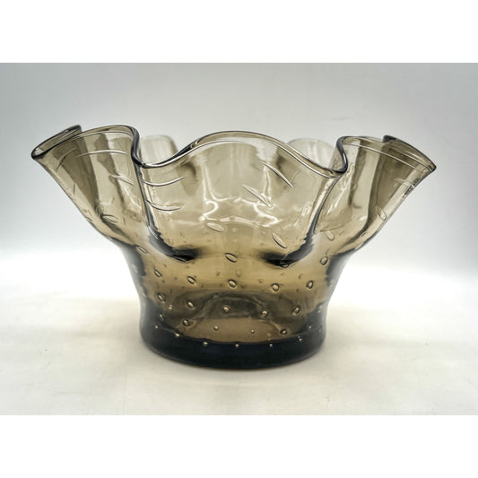 Smoky Blenko Grey Bullicante Glass Handkerchief Bowl