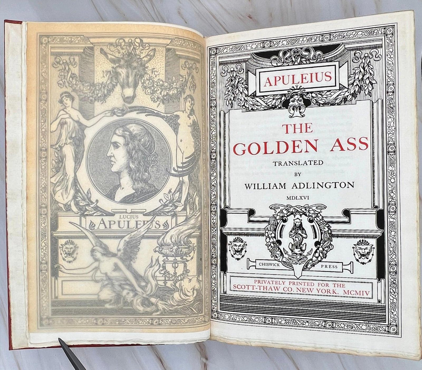 Title page of The Golden Ass, printed in 1904 by Chiswick Press for Scott-Thaw Co., New York.
