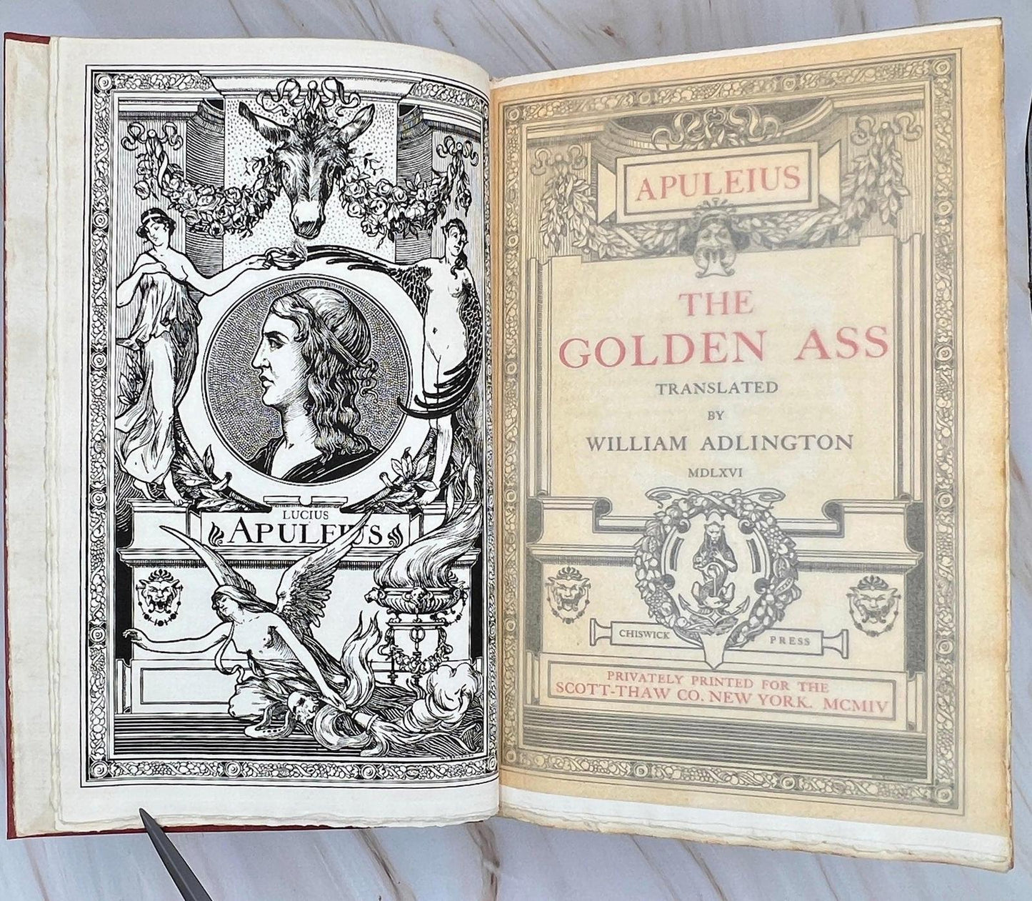 Title page of The Golden Ass, printed in 1904 by Chiswick Press for Scott-Thaw Co., New York.