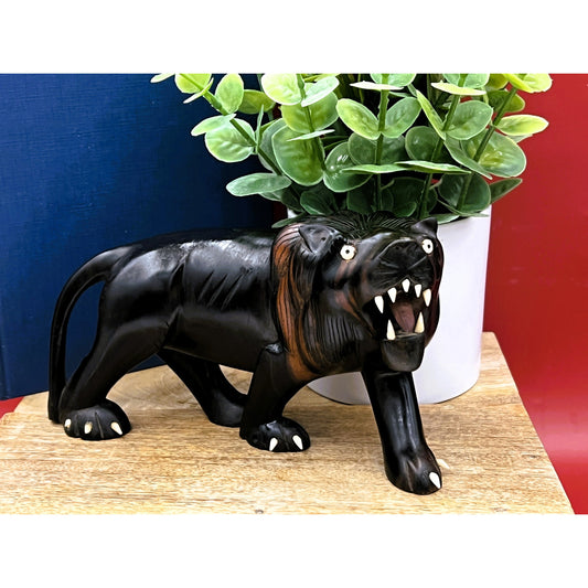 Hand-Carved Ebony Lion Sculpture with Bone Accents 7-Inch Art Decor
