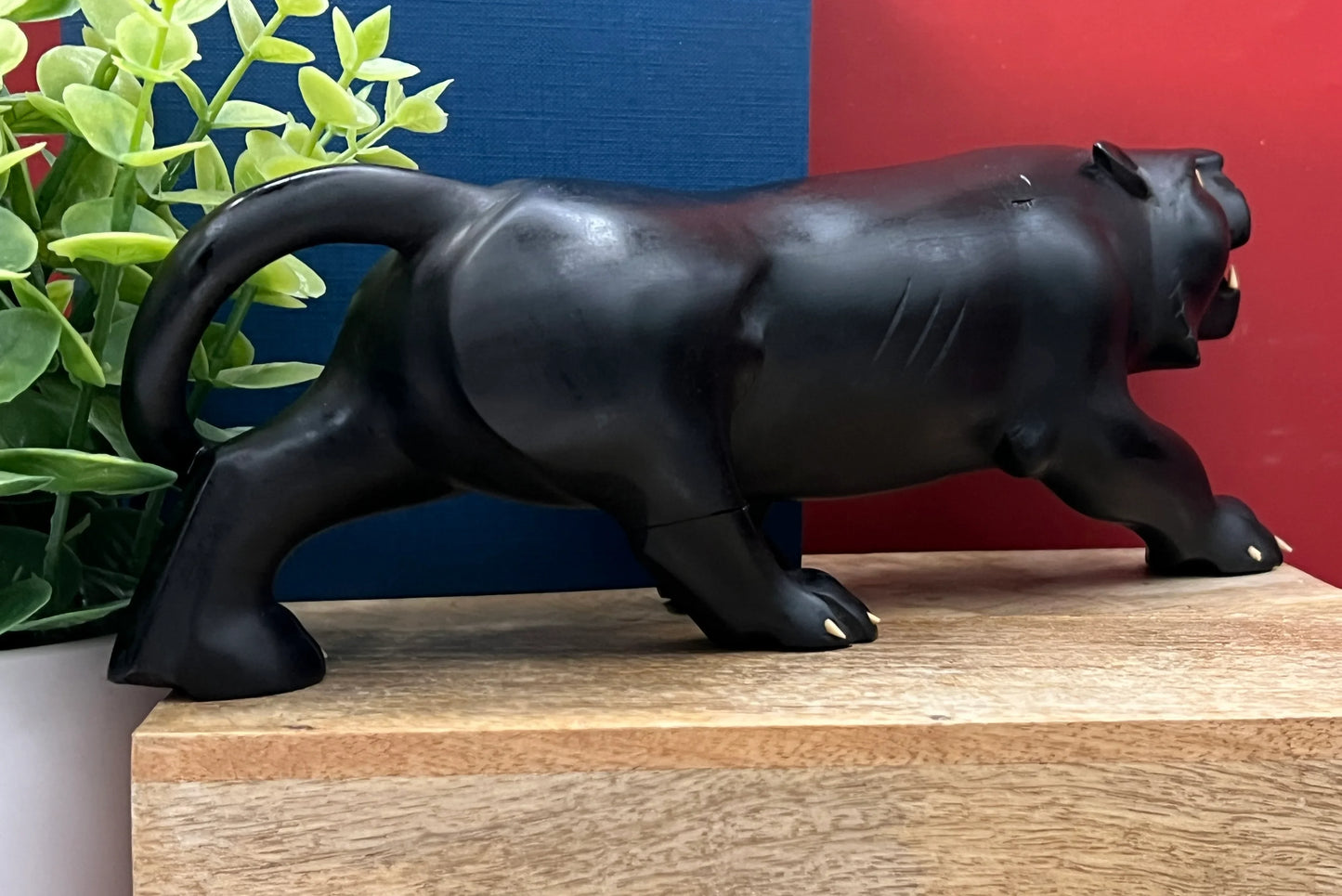 Mid-Century Hand-Carved 11.5” Black Panther Ebony Wood Statue