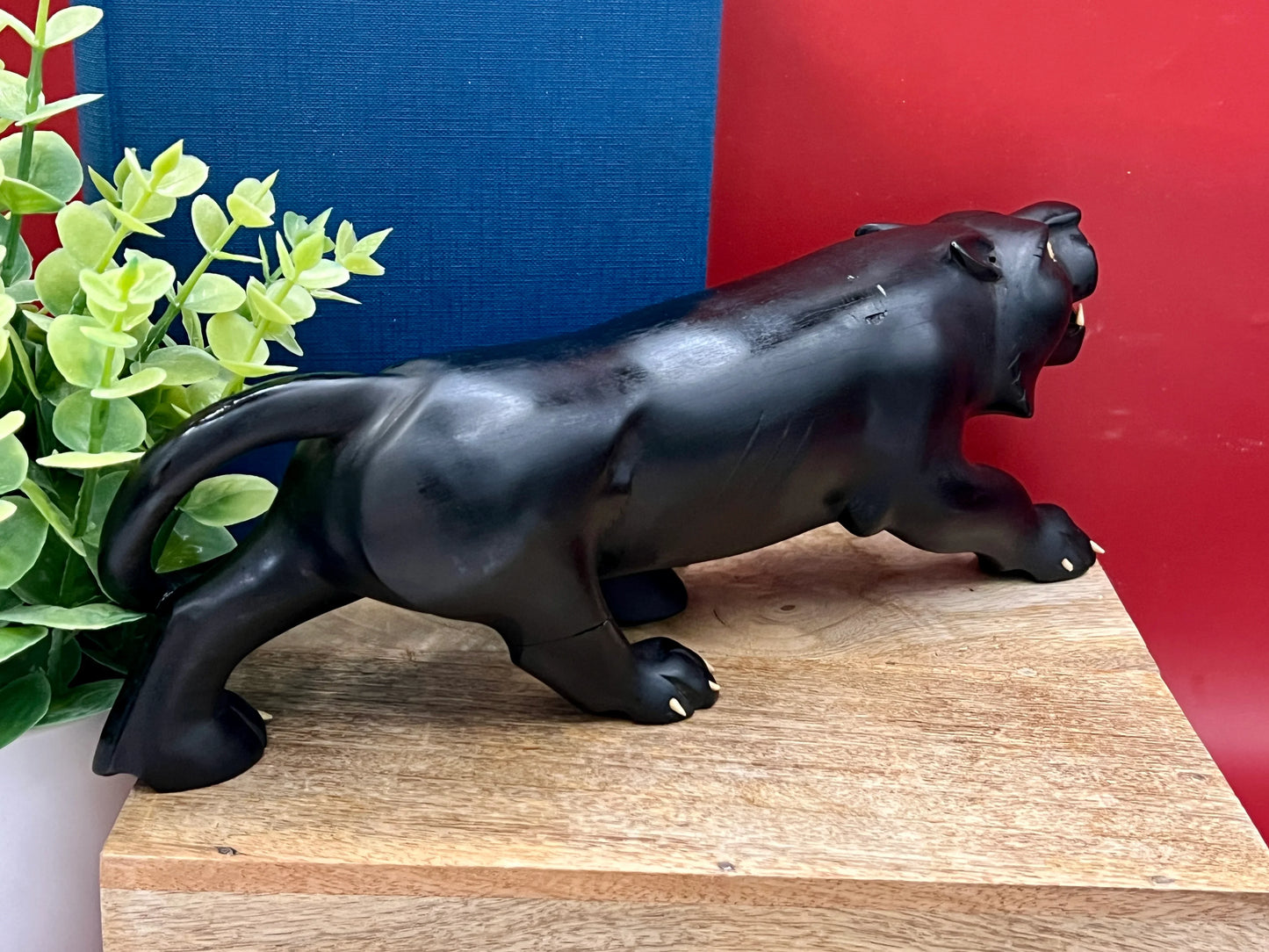 Mid-Century Hand-Carved 11.5” Black Panther Ebony Wood Statue