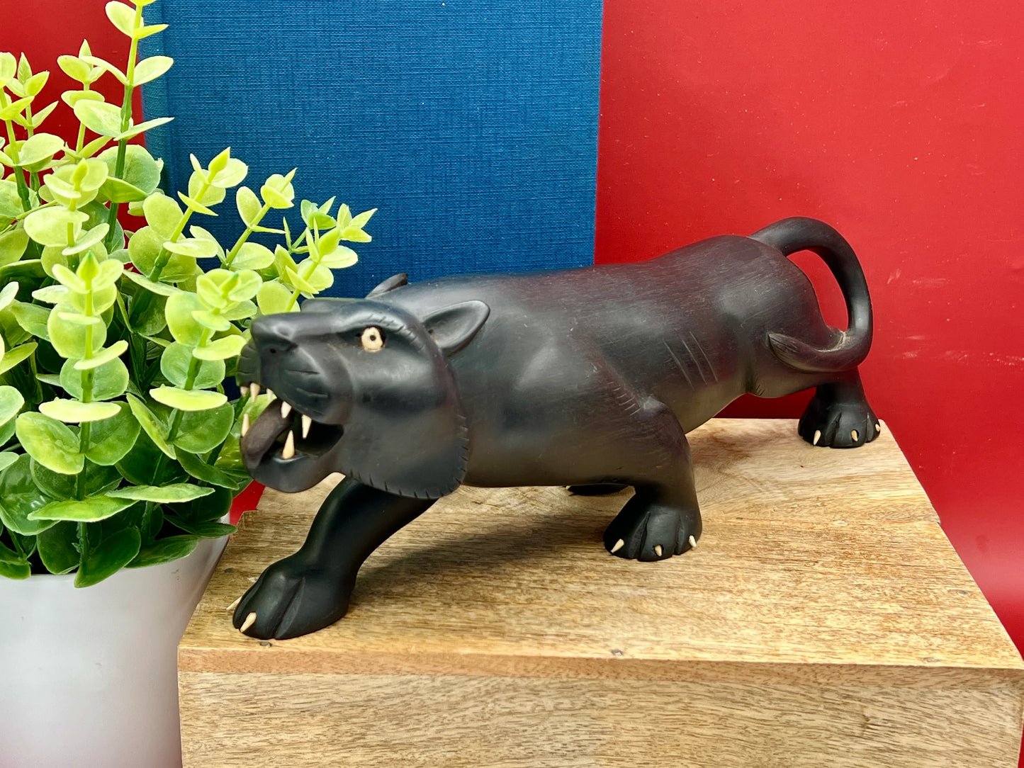 Mid-Century Hand-Carved 11.5” Black Panther Ebony Wood Statue