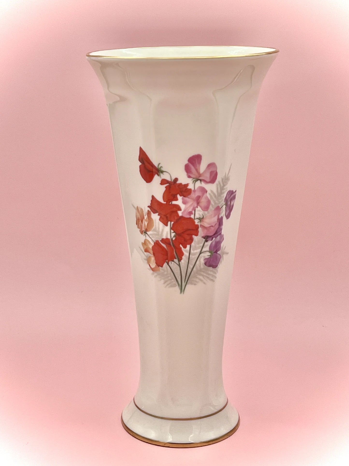 Vintage Pickard China Sweet Pea Floral Vase, 10-Inch, Made in USA, Gold Trim - Note Flaw