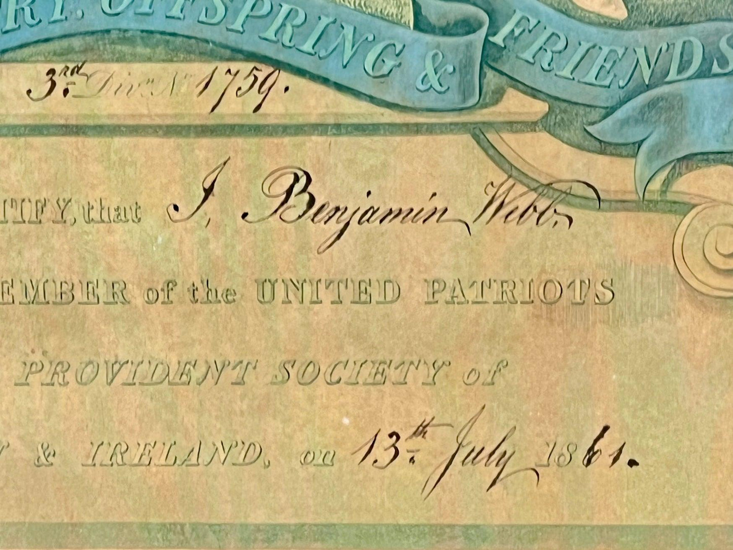 United Patriots Benefit & Provident Society Membership Certificate- 1861 - That’s My JAmm