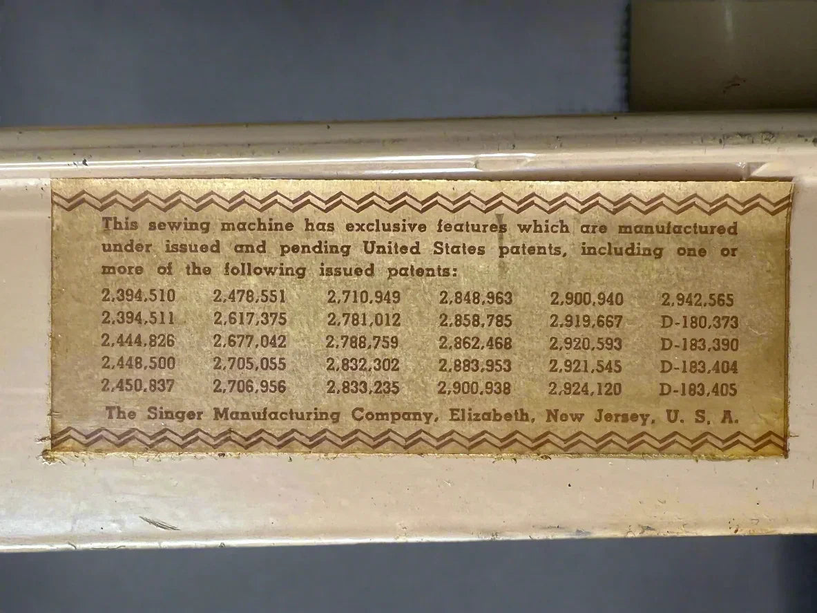 Patent information label on a Singer sewing machine
