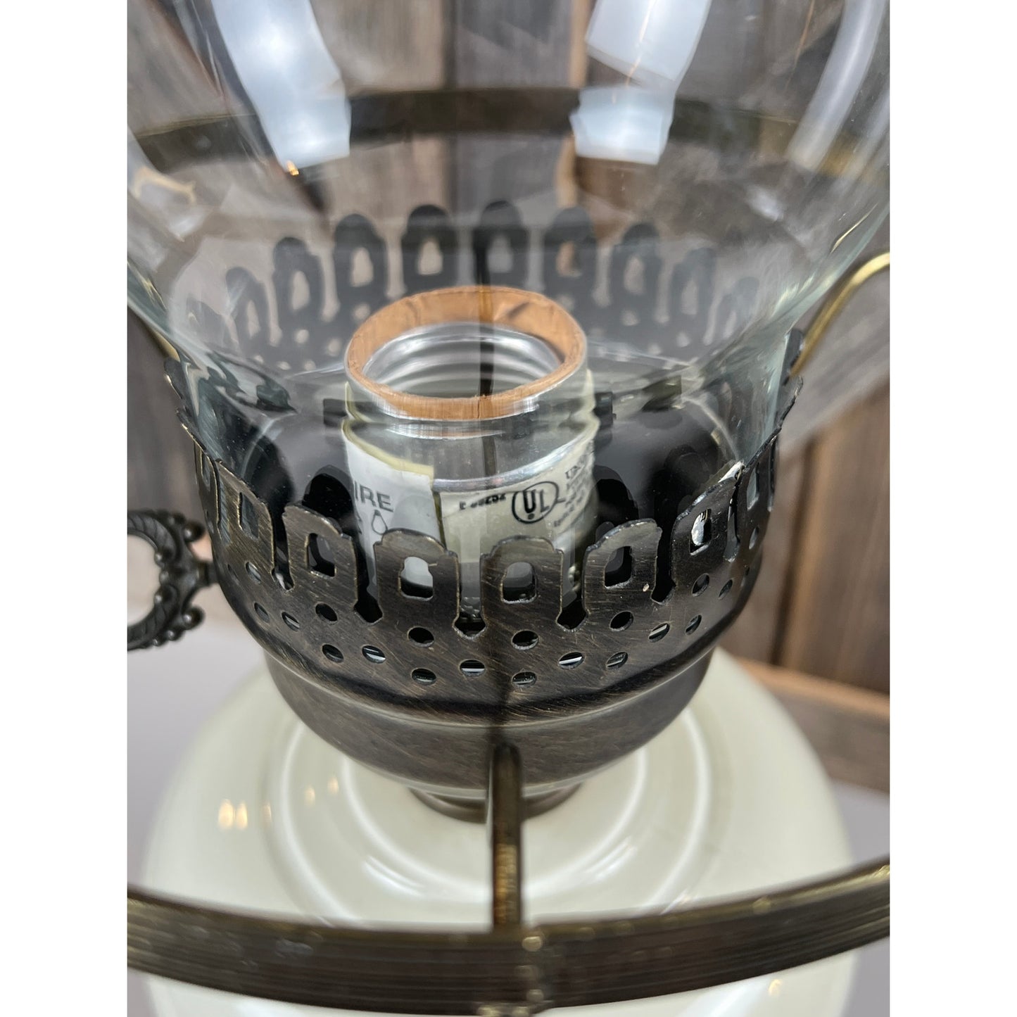 Vintage Hurricane Lamp with Floral Design and Ornate Metal Base - Antique Style Oil Lamp