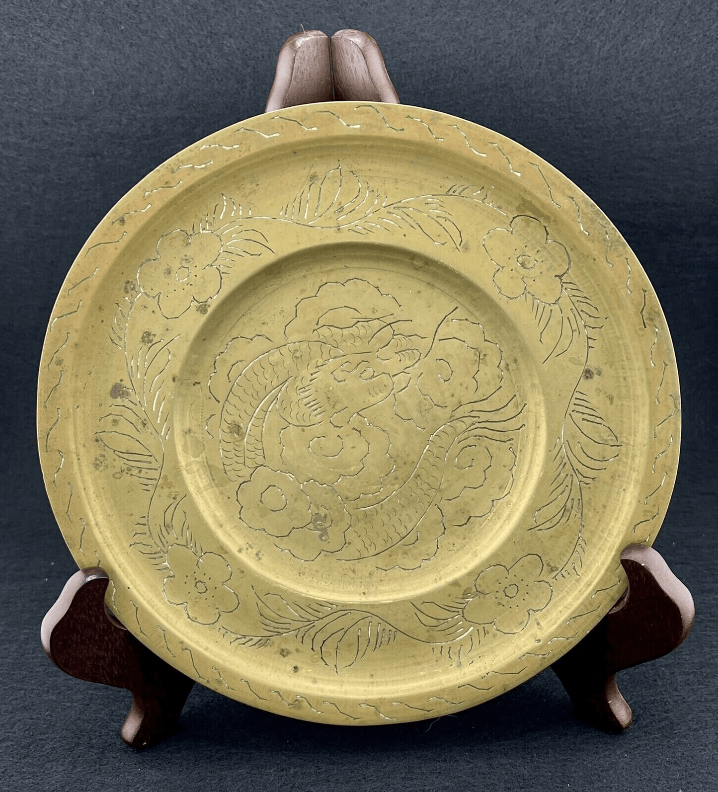 Antique Vintage Chinese Hand Engraved Brass Dragon Plate Dish 8 in. Diameter - That’s My JAmm