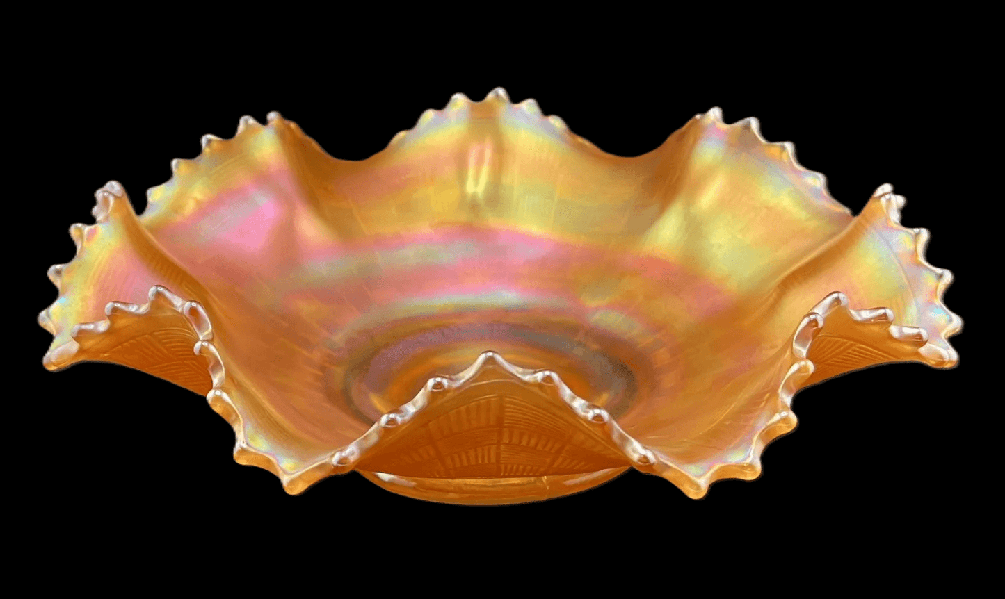 Gorgeous 8" Amber Northwood Basketweave Ruffled Carnival Glass Bowl - That’s My JAmm
