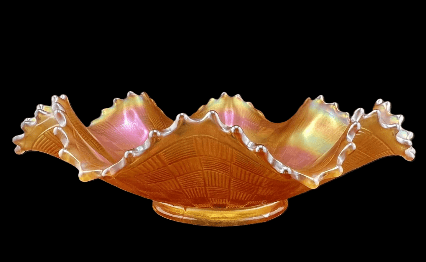 Gorgeous 8" Amber Northwood Basketweave Ruffled Carnival Glass Bowl - That’s My JAmm