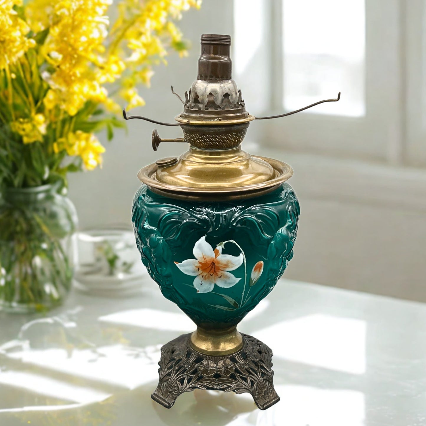 Antique "Success" Converted Oil Lamp with Hand-Painted Lily on Emerald Green Glass