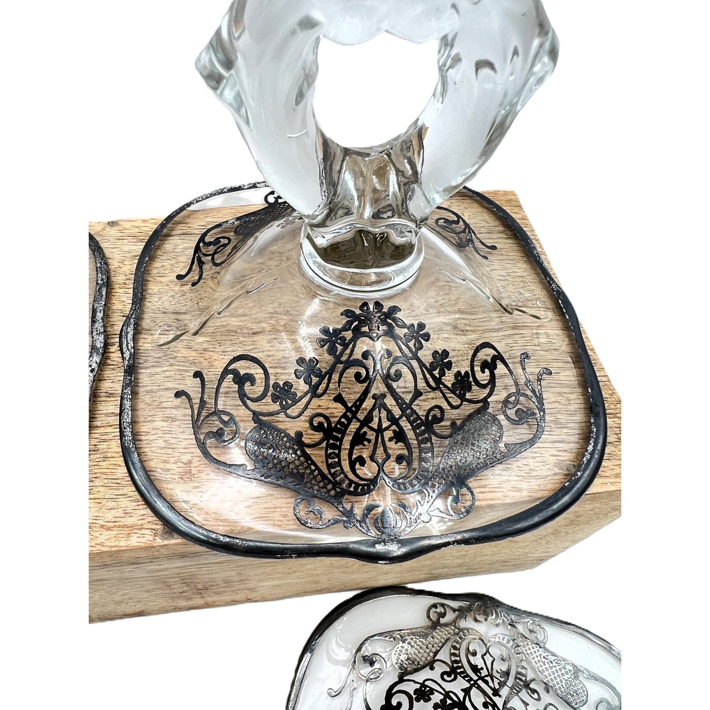 Exquisite Set of 4 Vintage Keyhole Glass Candlesticks with Embossed Silver Bases