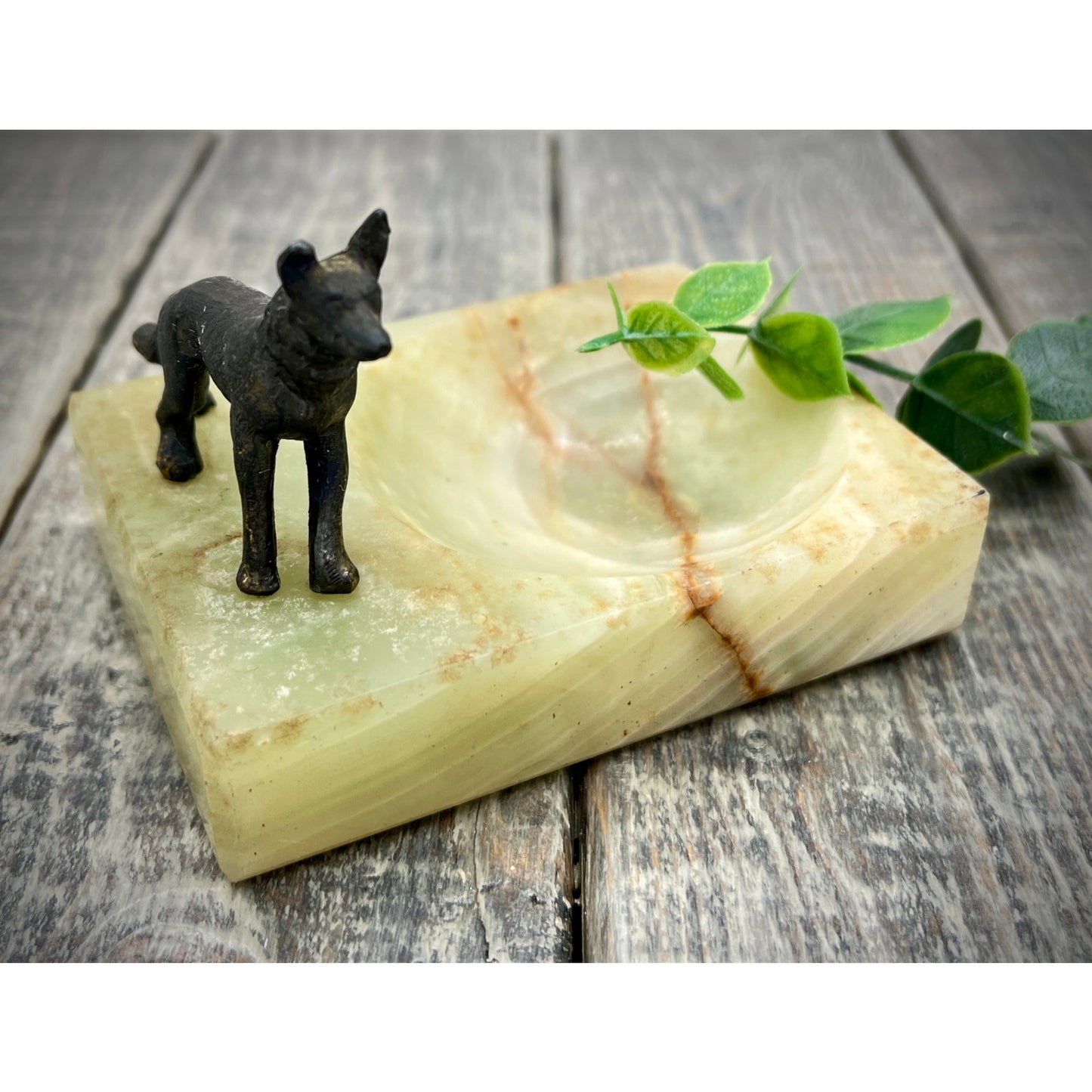 Unique Brass Dog Figurine on Onyx Ashtray