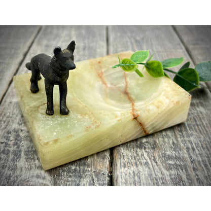 Unique Brass Dog Figurine on Onyx Ashtray