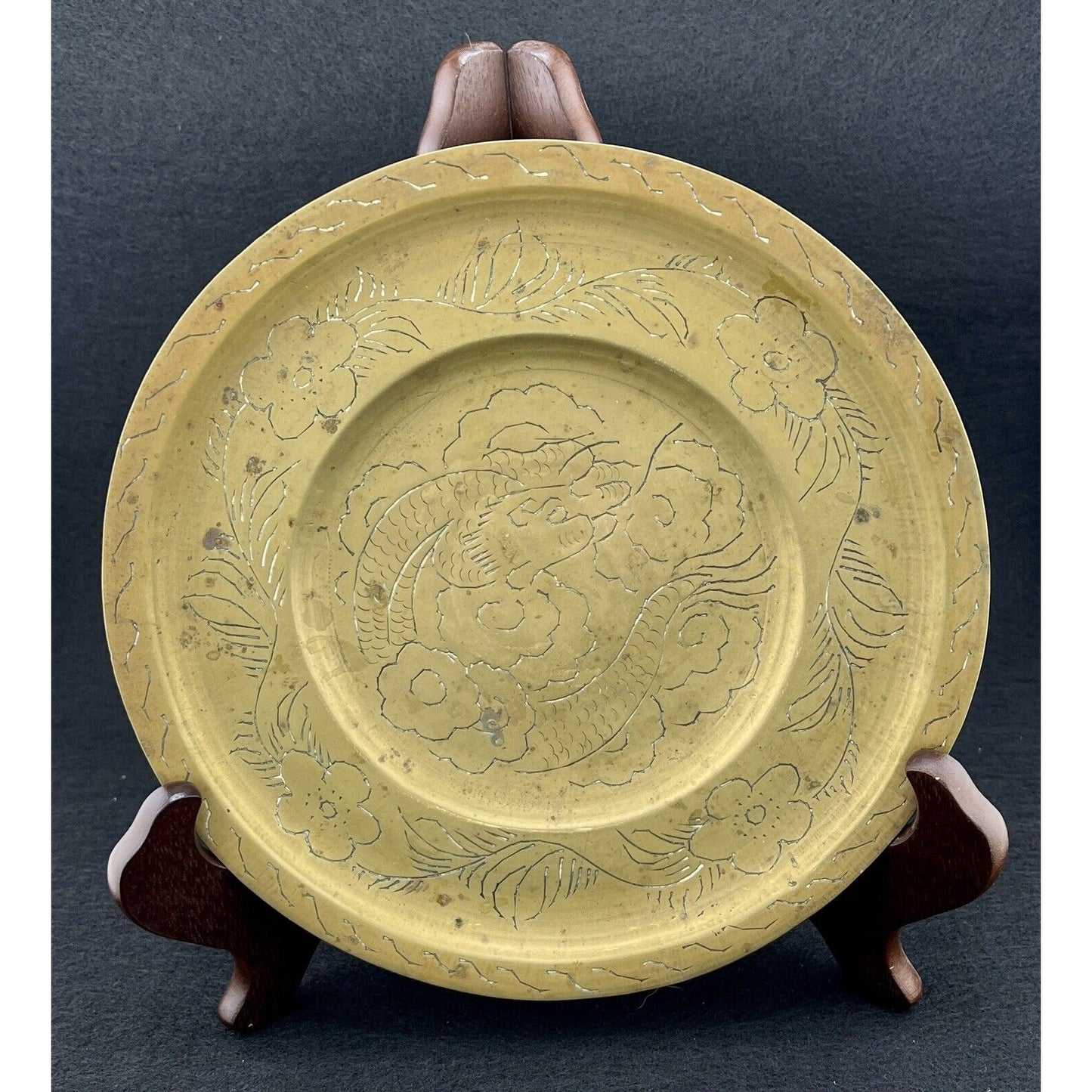 Antique Vintage Chinese Hand Engraved Brass Dragon Plate Dish 8 in. Diameter