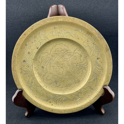 Antique Vintage Chinese Hand Engraved Brass Dragon Plate Dish 8 in. Diameter