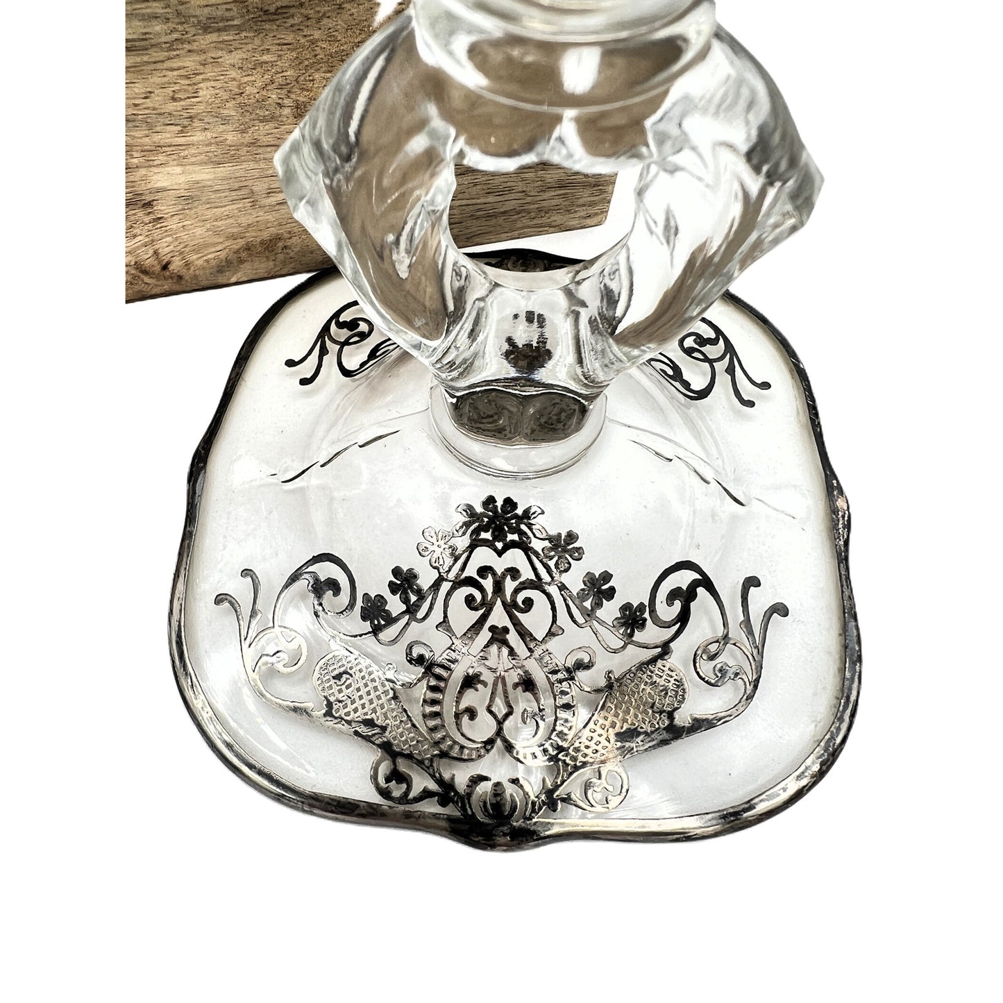 Exquisite Set of 4 Vintage Keyhole Glass Candlesticks with Embossed Silver Bases