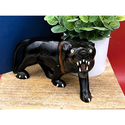 Hand-Carved Ebony Lion Sculpture with Bone Accents 7-Inch Art Decor