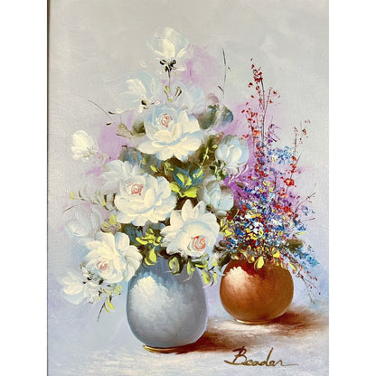 Beader Framed Oil on Canvas of Flowers in a Vase
