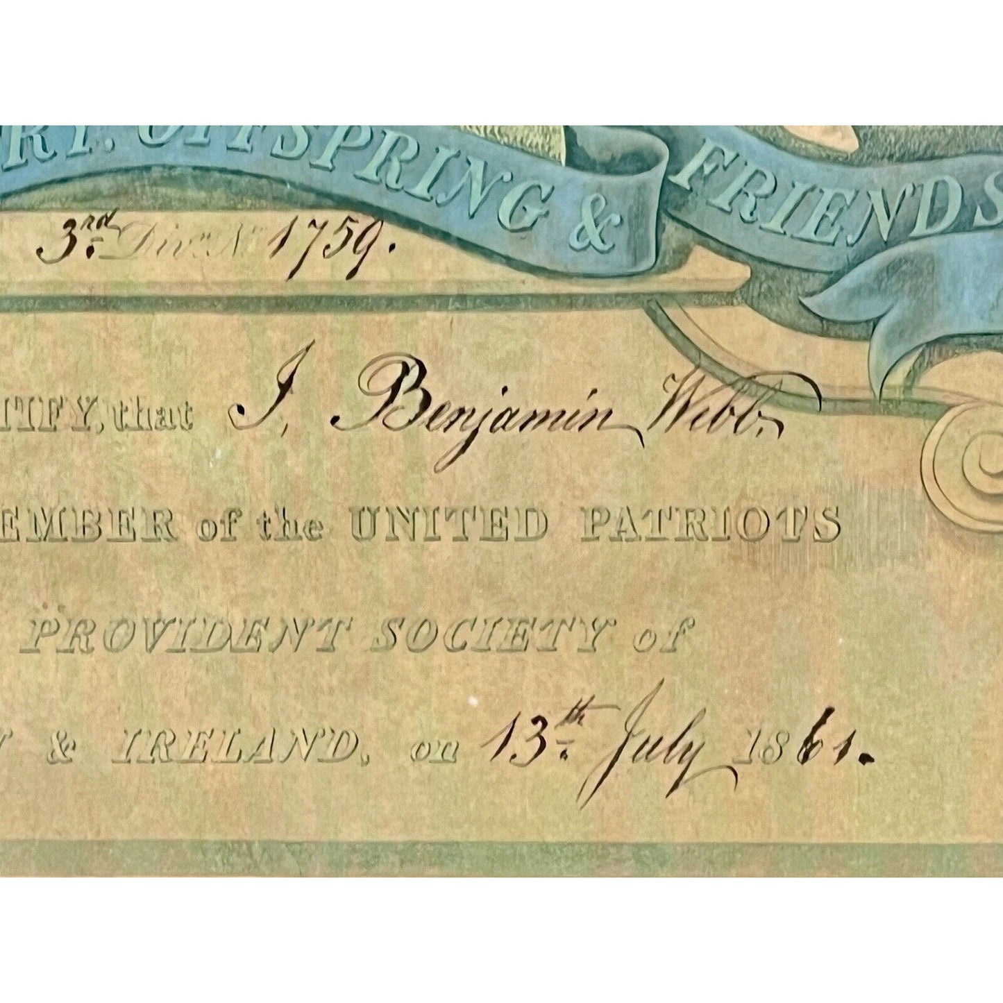 United Patriots Benefit & Provident Society Membership Certificate- 1861