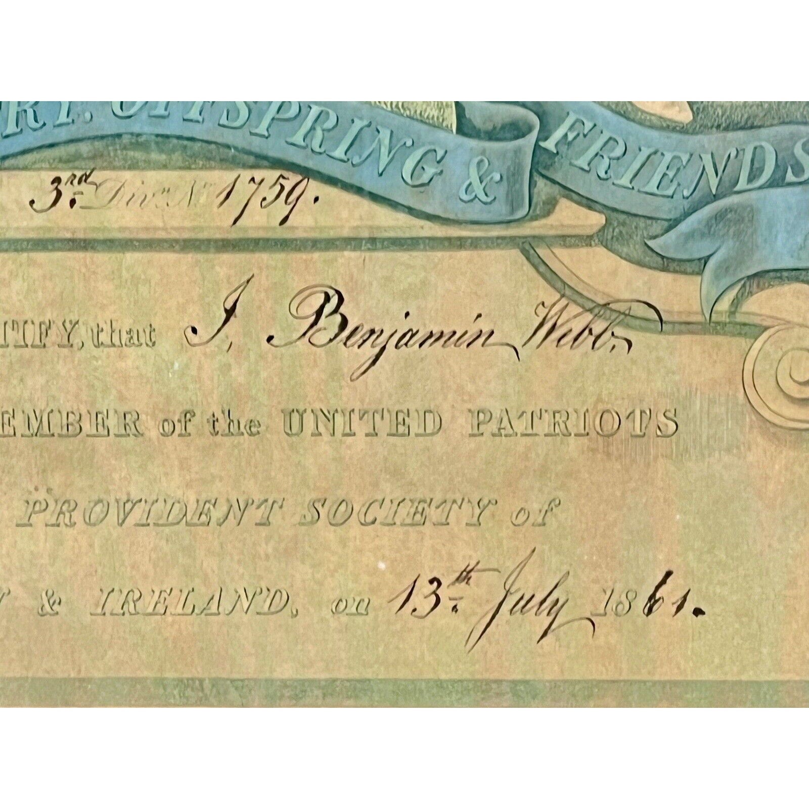 United Patriots Benefit & Provident Society Membership Certificate- 1861