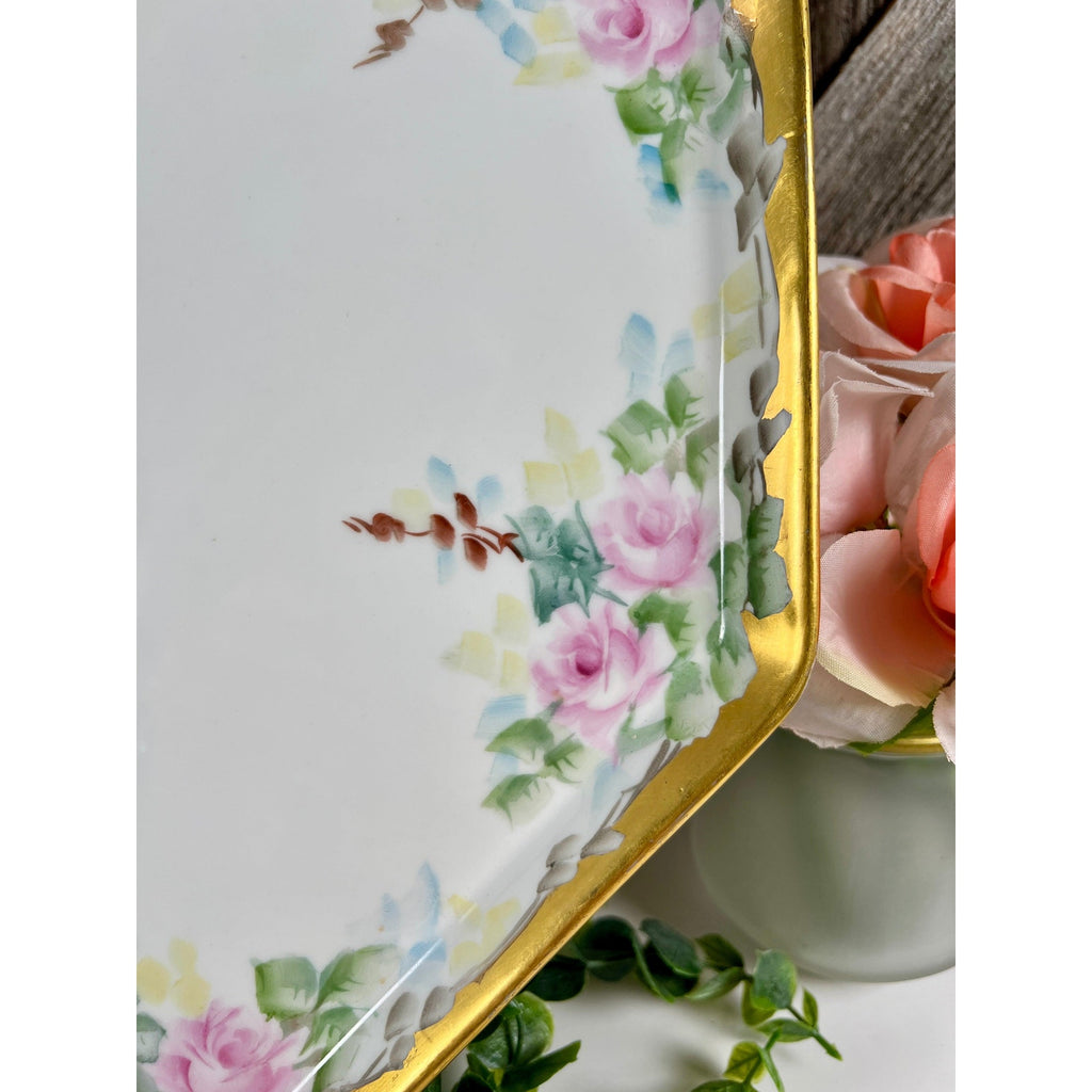 Limoges Bernardaud "B & Co" Stamped Floral Dresser Tray with Gold Trim