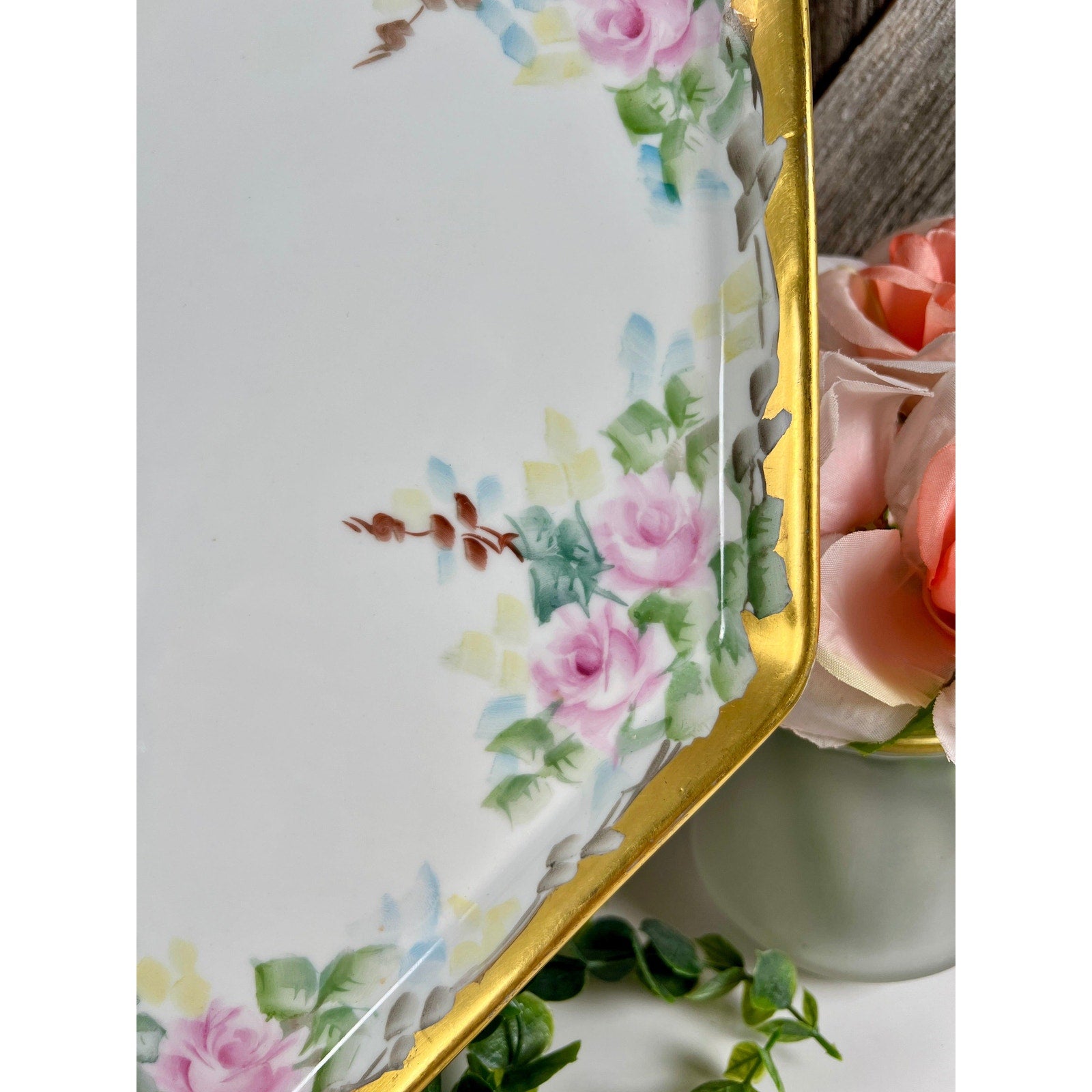 Limoges Bernardaud "B & Co" Stamped Floral Dresser Tray with Gold Trim