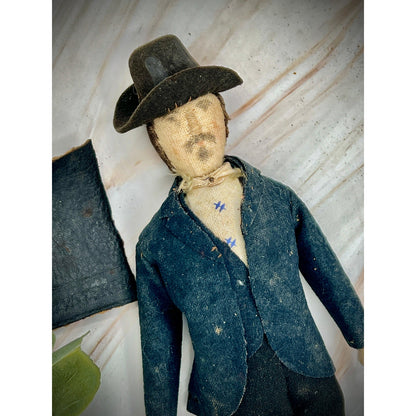 Antique Vintage Doll in Black Suit with Hat - Early 20th Century Collectible