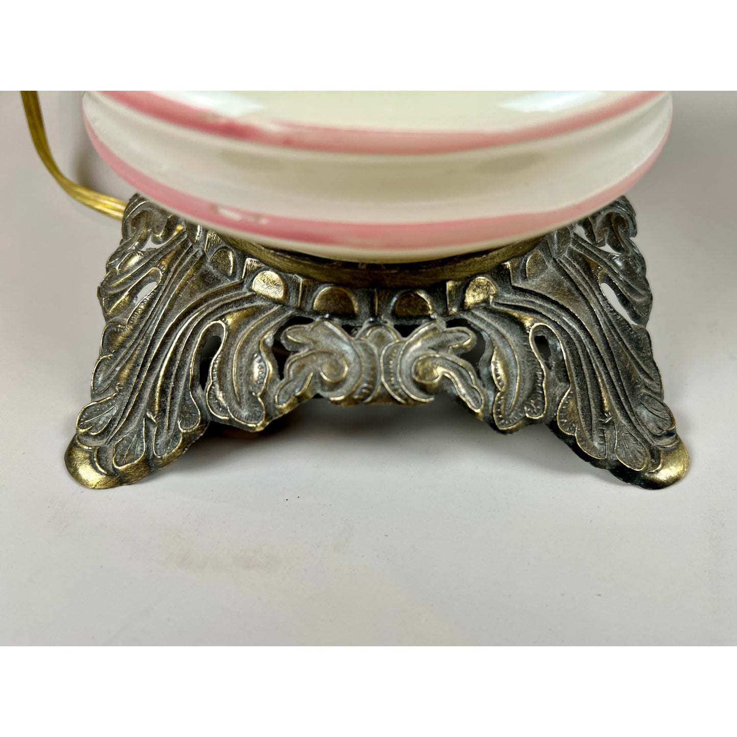 Vintage Hurricane Lamp with Floral Design and Ornate Metal Base - Antique Style Oil Lamp