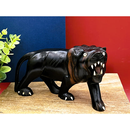 Hand-Carved Ebony Lion Sculpture with Bone Accents 7-Inch Art Decor