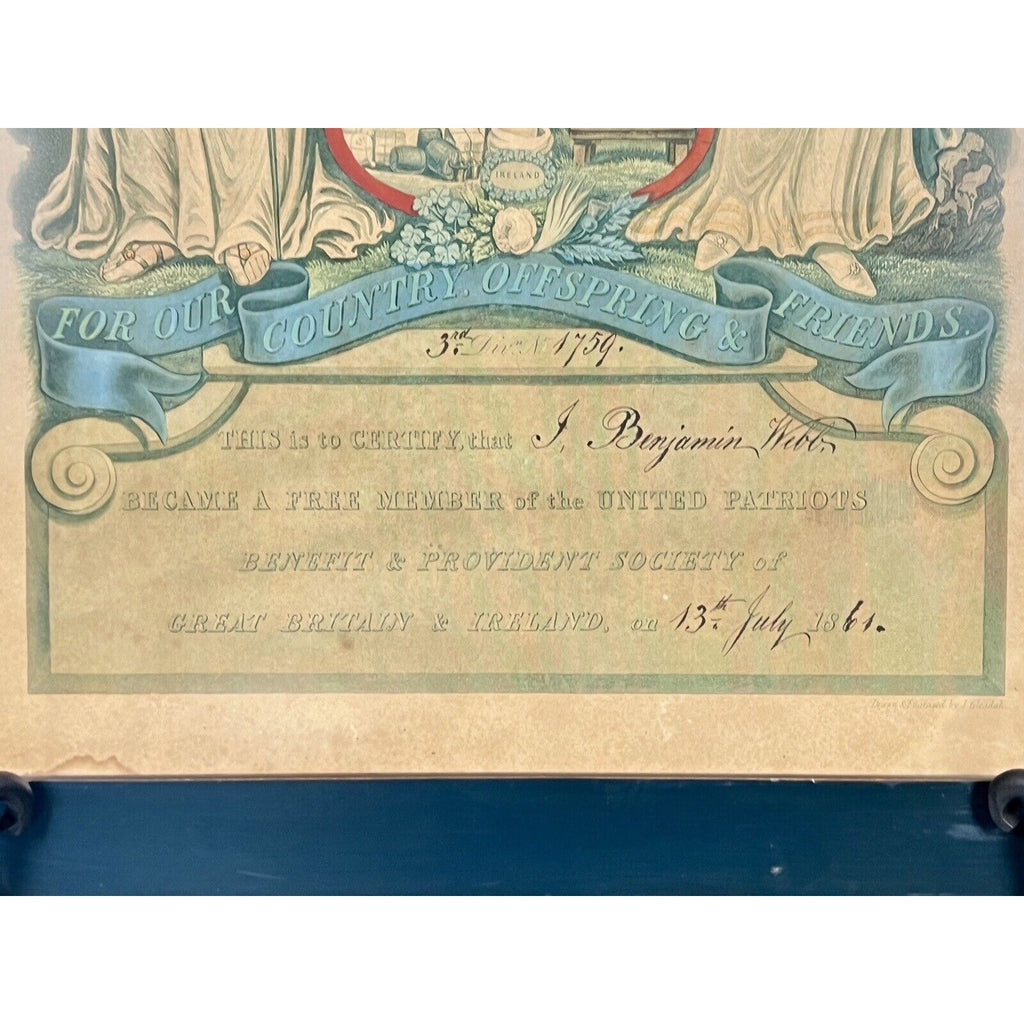 United Patriots Benefit & Provident Society Membership Certificate- 1861