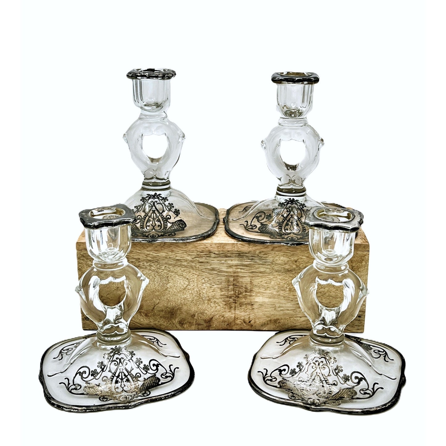 Exquisite Set of 4 Vintage Keyhole Glass Candlesticks with Embossed Silver Bases