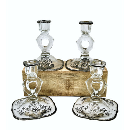 Exquisite Set of 4 Vintage Keyhole Glass Candlesticks with Embossed Silver Bases