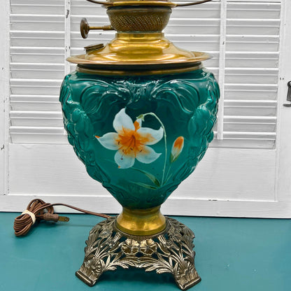 Antique "Success" Converted Oil Lamp with Hand-Painted Lily on Emerald Green Glass