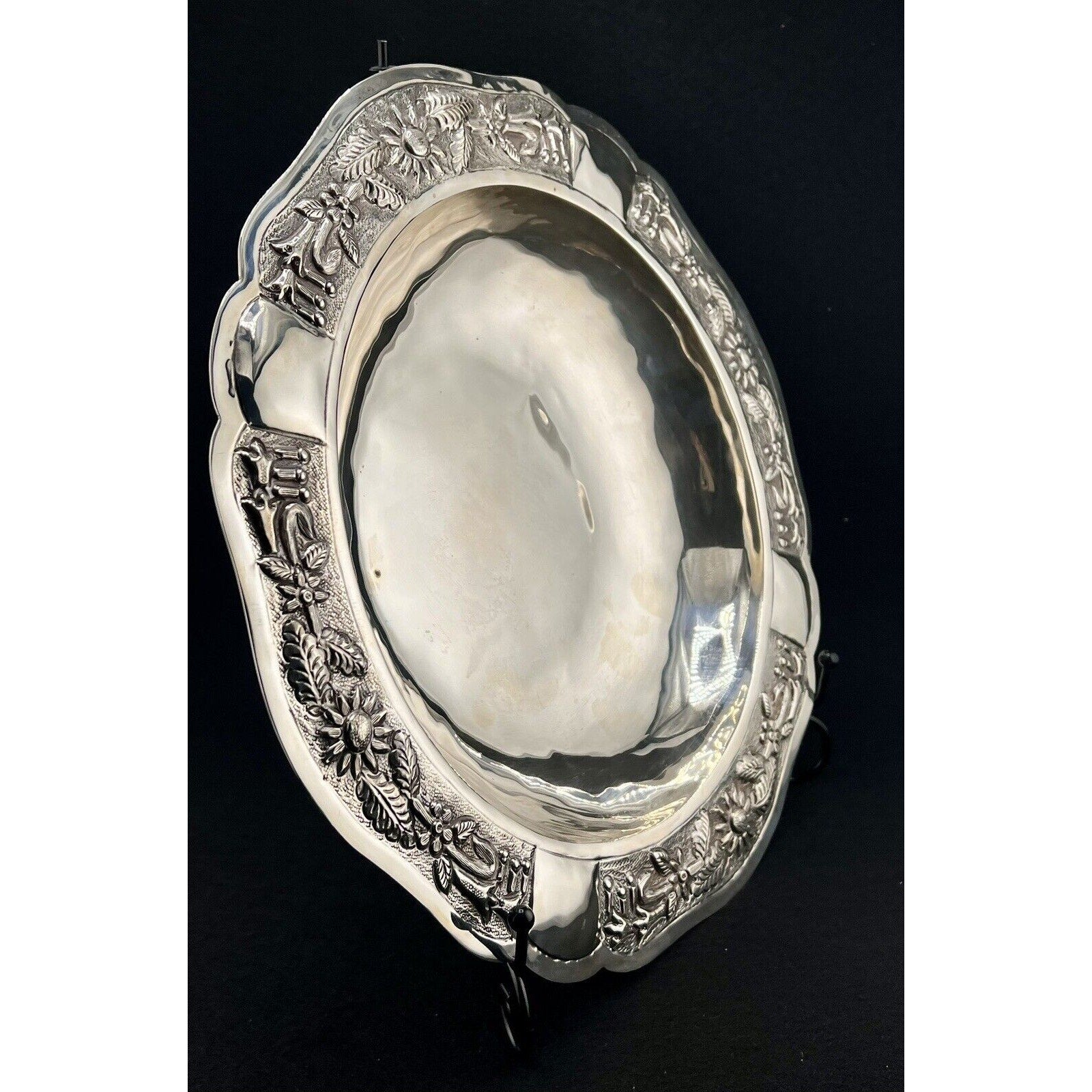Maciel Mexico 925 sterling silver bowl with ornate repousse floral border, rare mid-century centerpiece.