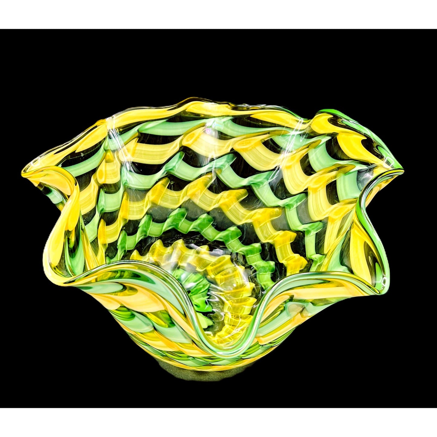 Handblown Midcentury Handkerchief Glass Bowl With Yellow & Green Ribbon Design