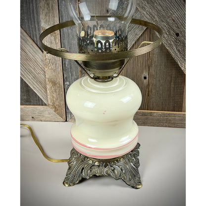 Vintage Hurricane Lamp with Floral Design and Ornate Metal Base - Antique Style Oil Lamp