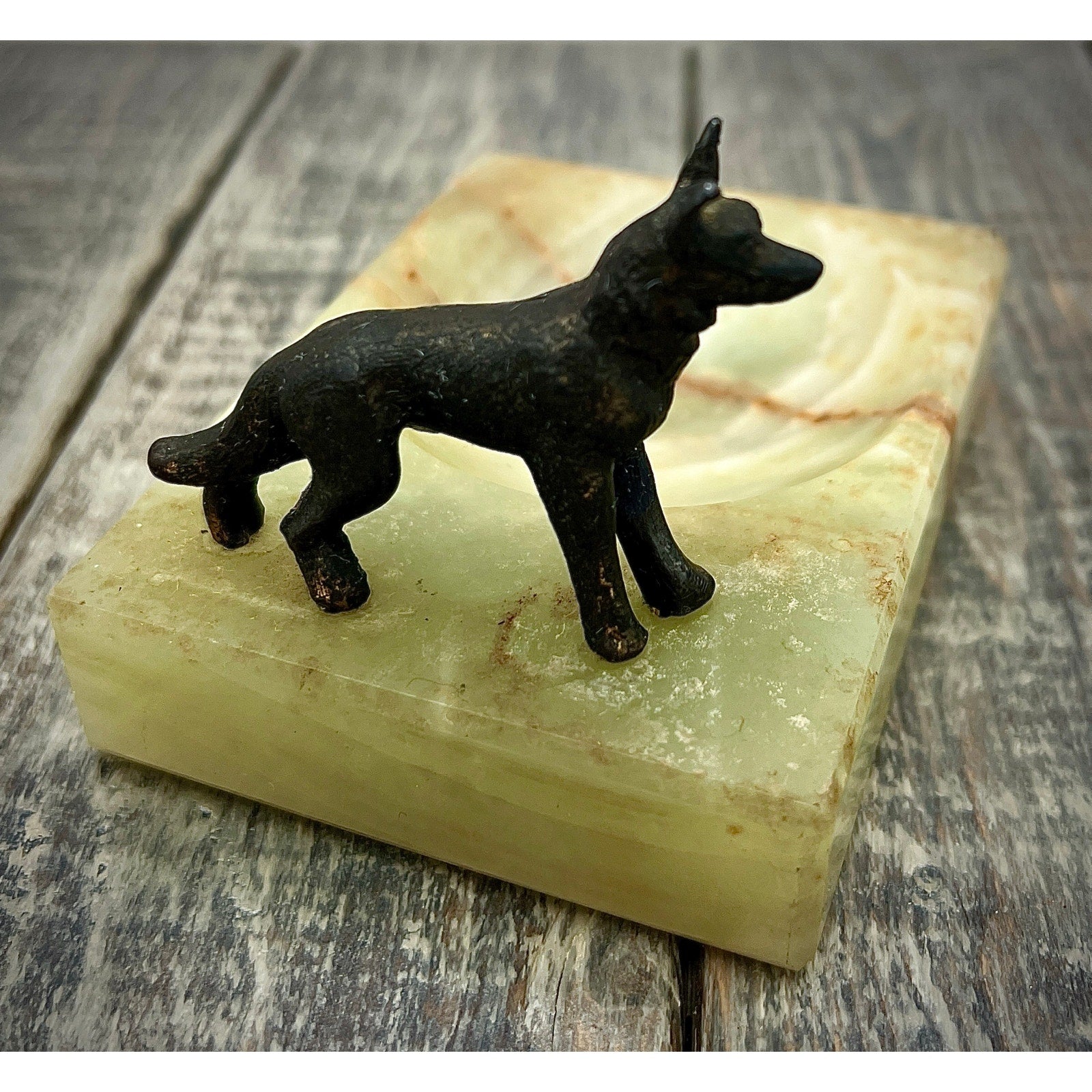 Unique Bronze Dog Figurine on Onyx Ashtray