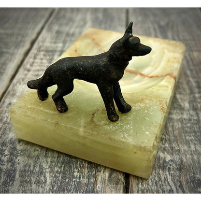 Unique Brass Dog Figurine on Onyx Ashtray