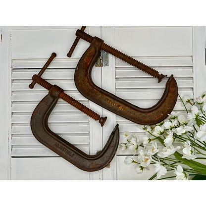 Vintage Adjustable Heavy-Duty Steel C-Clamps Set Of 2 Industrial Tools 5" & 6"