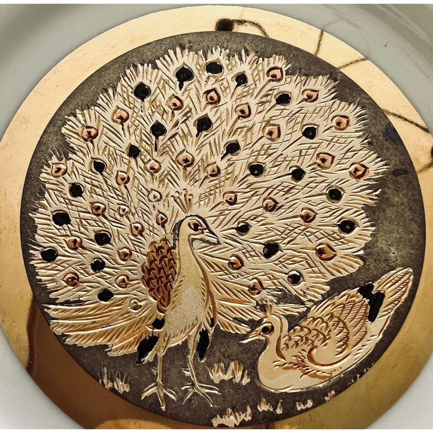 Pair of Art of Chokin 6" 24k Gold Plates Peacock, Duck, Hummingbird, Butterflies