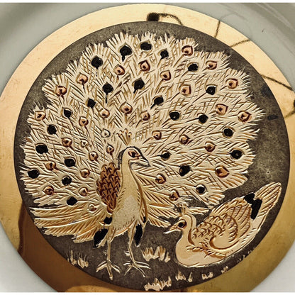 Pair of Art of Chokin 6" 24k Gold Plates Peacock, Duck, Hummingbird, Butterflies