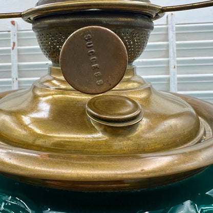 Antique "Success" Converted Oil Lamp with Hand-Painted Lily on Emerald Green Glass