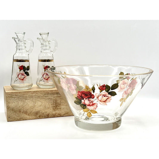 West Virginia Glass Radiant Rose 10.5” Salad Bowl with Oil & Vinegar Cruets
