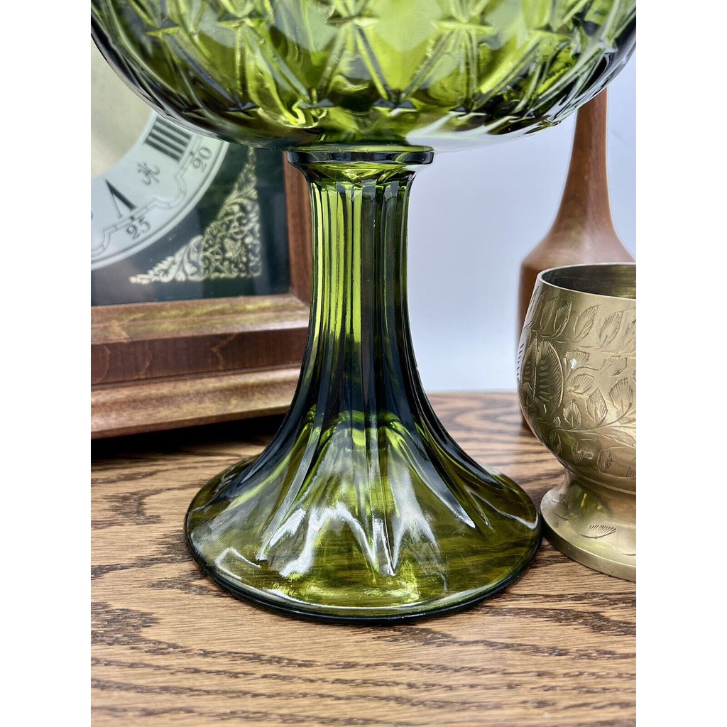 Indiana Glass Green Crimped Edge Duette Quilted Diamond Design Pedestal Bowl