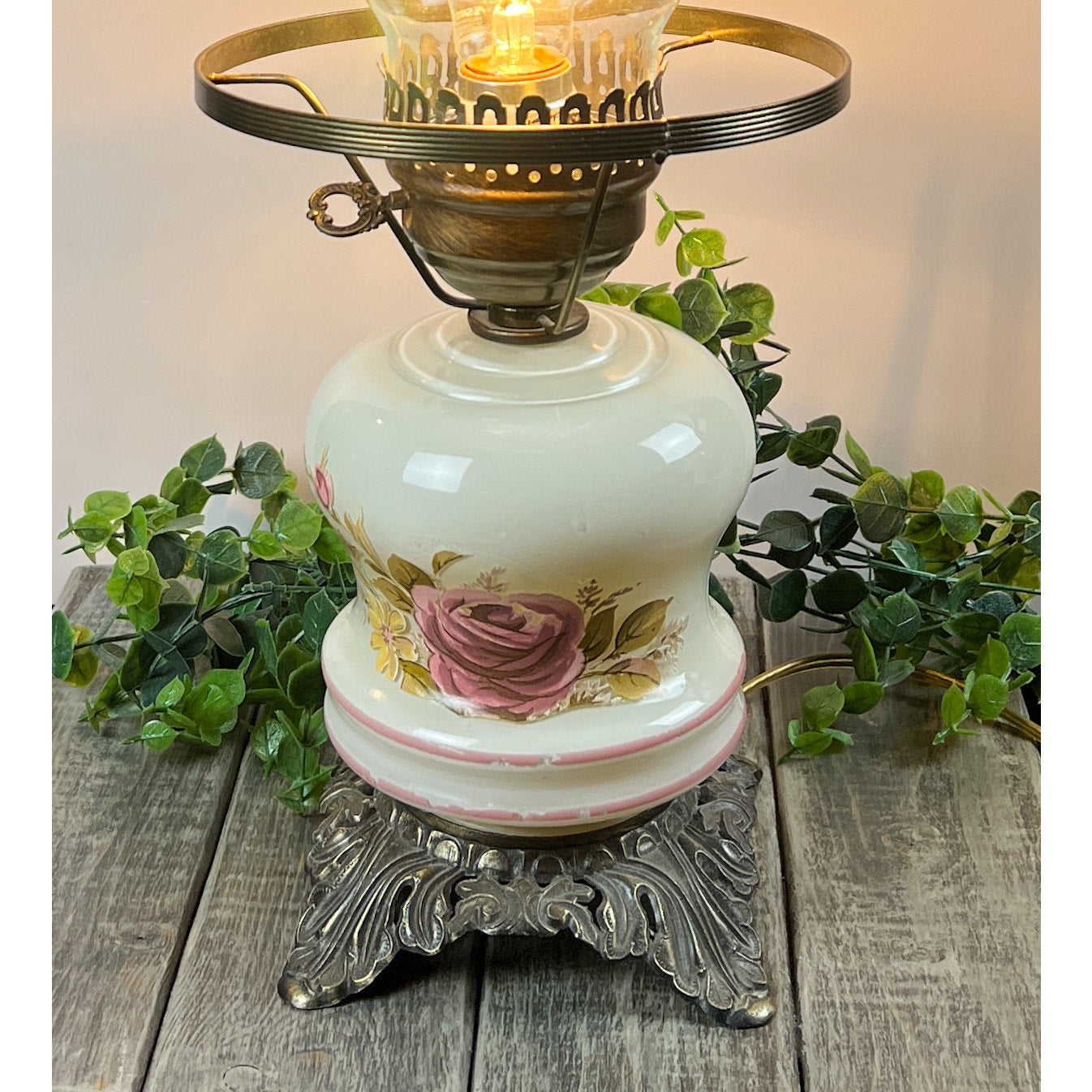 Vintage Hurricane Lamp with Floral Design and Ornate Metal Base - Antique Style Oil Lamp