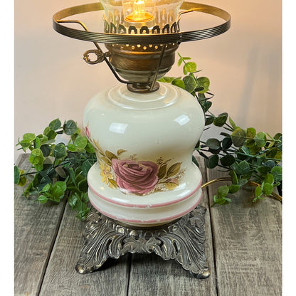 Vintage Hurricane Lamp with Floral Design and Ornate Metal Base - Antique Style Oil Lamp