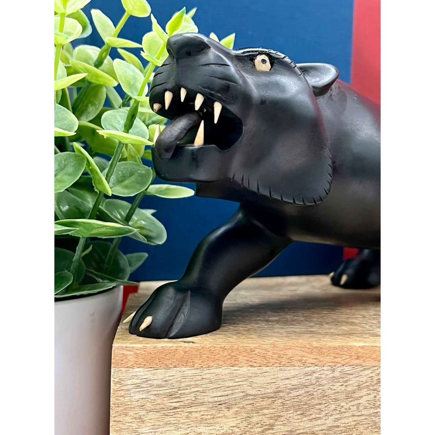 Mid-Century Hand-Carved 11.5” Black Panther Ebony Wood Statue