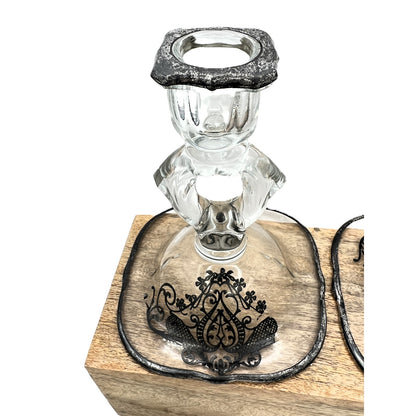 Exquisite Set of 4 Vintage Keyhole Glass Candlesticks with Embossed Silver Bases