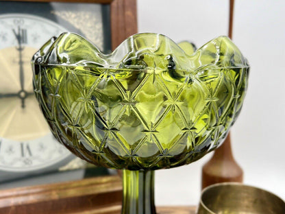 Indiana Glass Green Crimped Edge Duette Quilted Diamond Design Pedestal Bowl - That’s My JAmm
